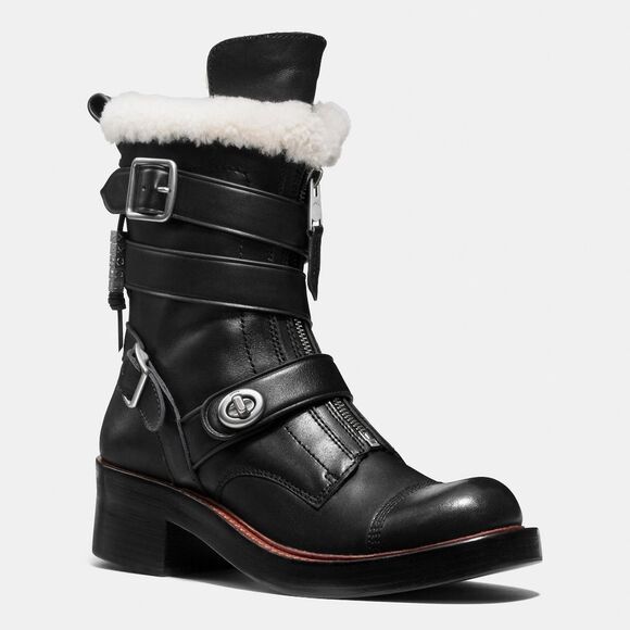 COACH Women's Black Leather‎ Zip Strap Moto Boots Natural Colored Shearling 5B - Picture 1 of 11